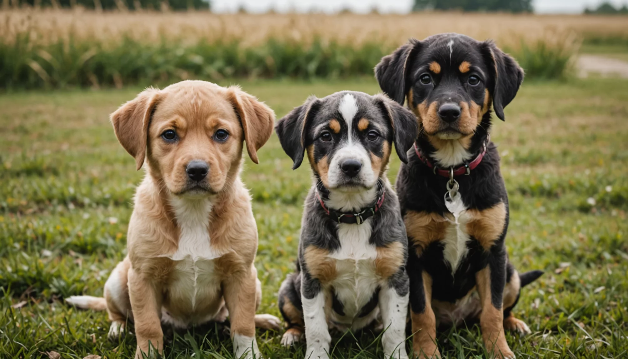 Three puppies sit on the grass in a field, against a backdrop of tall grass and trees.