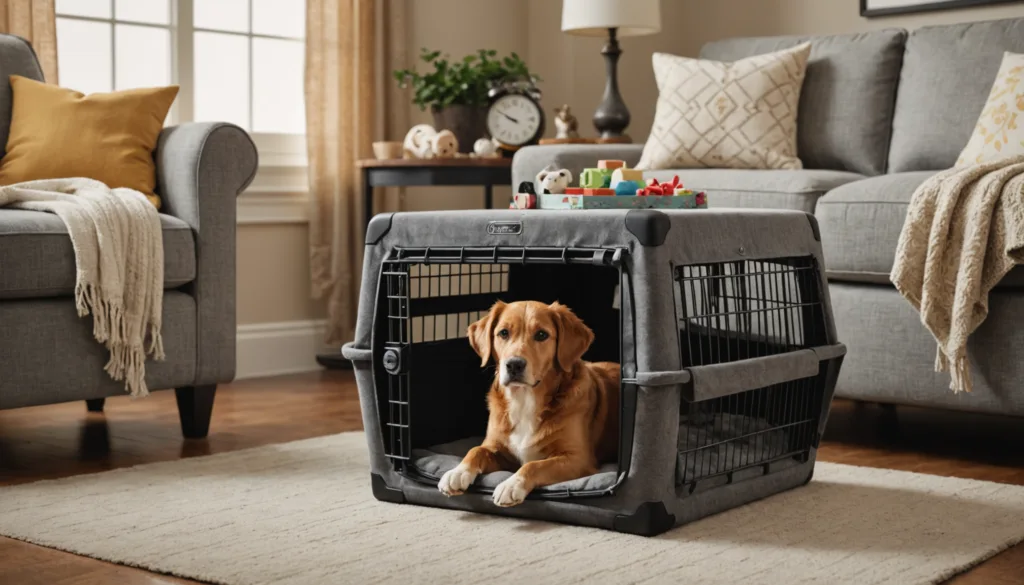 A dog lies inside a gray pet crate in a living room with two sofas, decorative pillows, a clock, and two lamps. A toy car is on top of the crate.