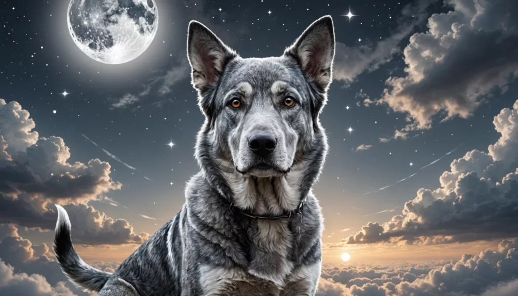 Badass Grey Dog Names featuring a A gray dog, embodying the essence of badass grey dog names, sits against a backdrop of a cloudy sky, illuminated by a full moon and stars.