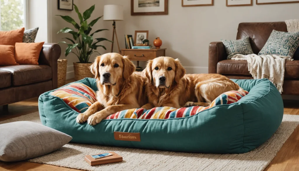 Two golden retrievers lie on a colorful, large dog bed in a cozy living room with a sofa, plant, and wall art.