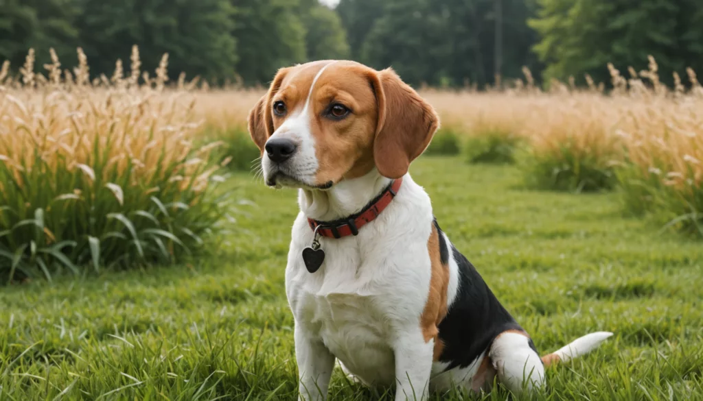 Dog Ears Back Meaning A beagle with a red collar sits on green grass in a field with tall grass and trees in the background.