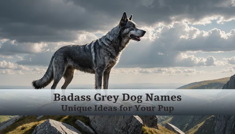 A grey dog stands confidently on rocks with a cloudy sky backdrop. Text overlay: 