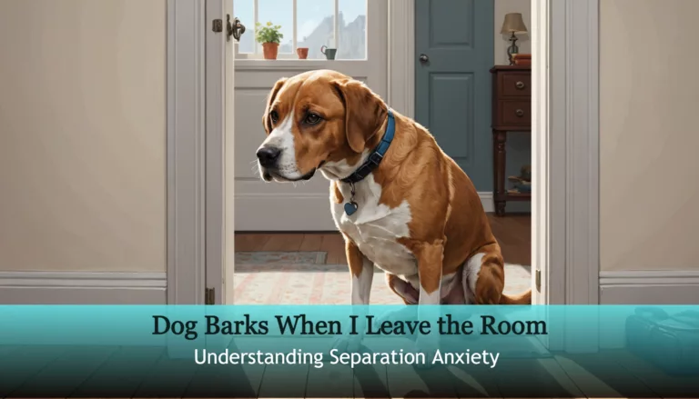 A dog with a blue collar sits in a room's doorway, looking anxious. Text on the image reads: 