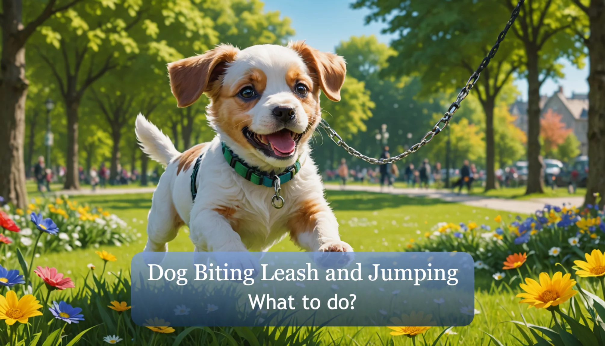 In a sunny park filled with colorful flowers and trees, a small dog energetically bites its leash while jumping. Text on image reads: 