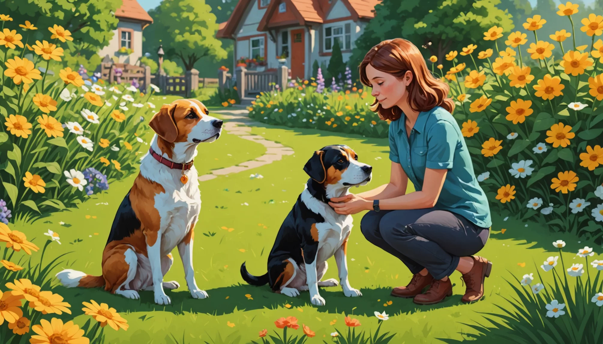 A woman kneels in a garden, petting a black and white dog, with a brown and white dog sitting nearby. A house is visible in the background, surrounded by colorful flowers.