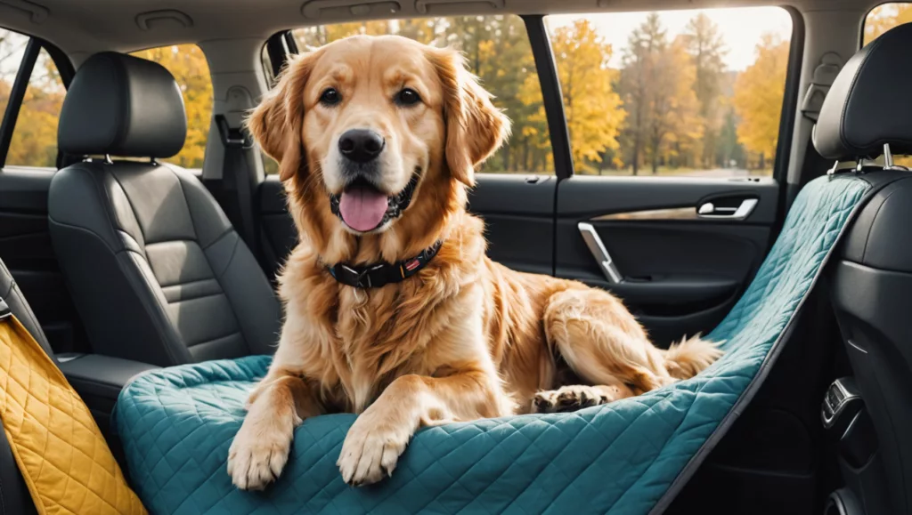 Golden Retriever sitting comfortably on a quilted seat cover in the back of a car, with autumn trees visible through the windows.