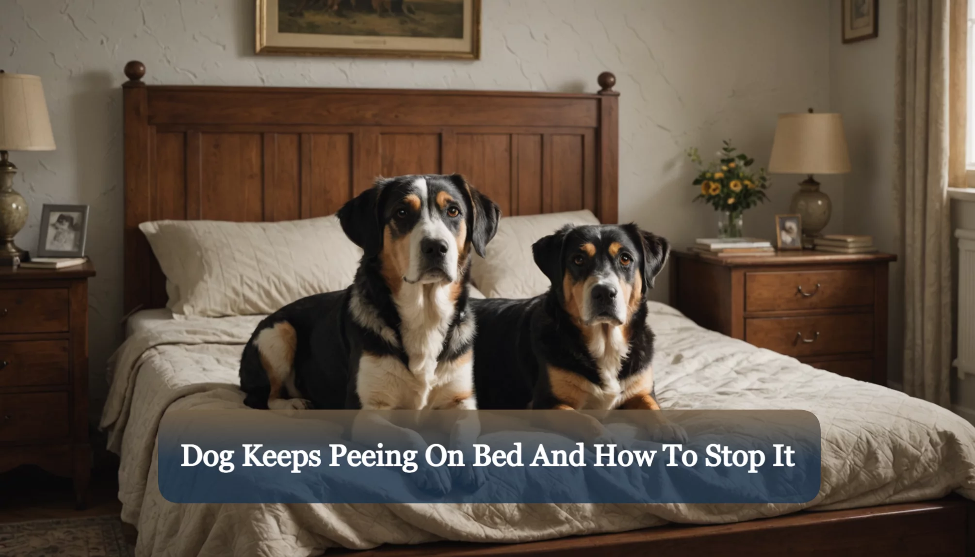 Two dogs lounge on a neatly made bed in a cozy bedroom, framed by wooden nightstands with elegant lamps. If your dog keeps peeing on the bed, learn how to stop it with our expert tips.