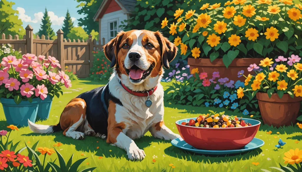 A dog with a red collar, licking its lips, sits on grass beside a large bowl of kibble in a garden filled with colorful flowers and shrubs under a clear blue sky.