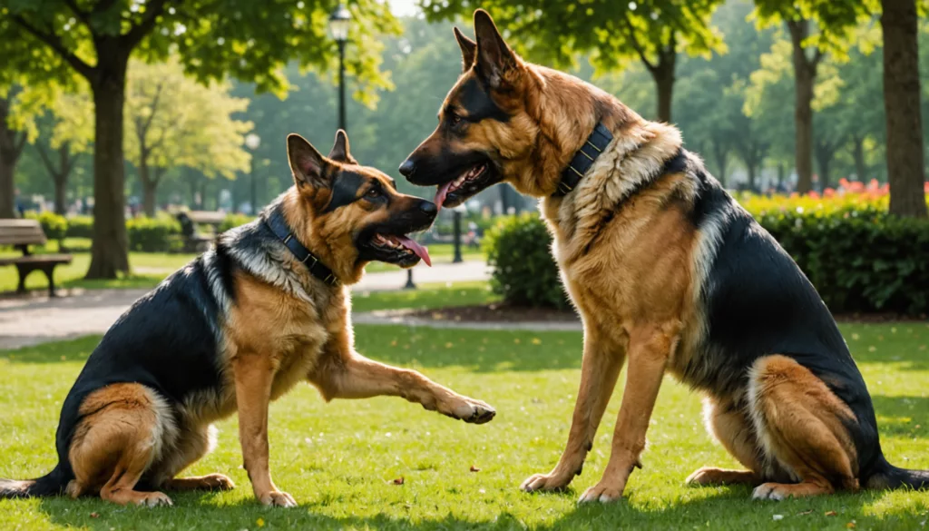 Two German Shepherds face each other on a grassy park area, exuding an air of playful dominance. One sits with its paw raised, while the other watches attentively. Trees and benches adorn the background, creating a tranquil setting for subtle displays of hierarchy.