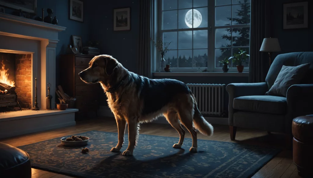 A large dog, known to get aggressive at night, stands on a rug in a cozy living room lit by the glow of the fireplace. The full moon casts its light through the window, adding an extra layer of mystery to the serene setting.