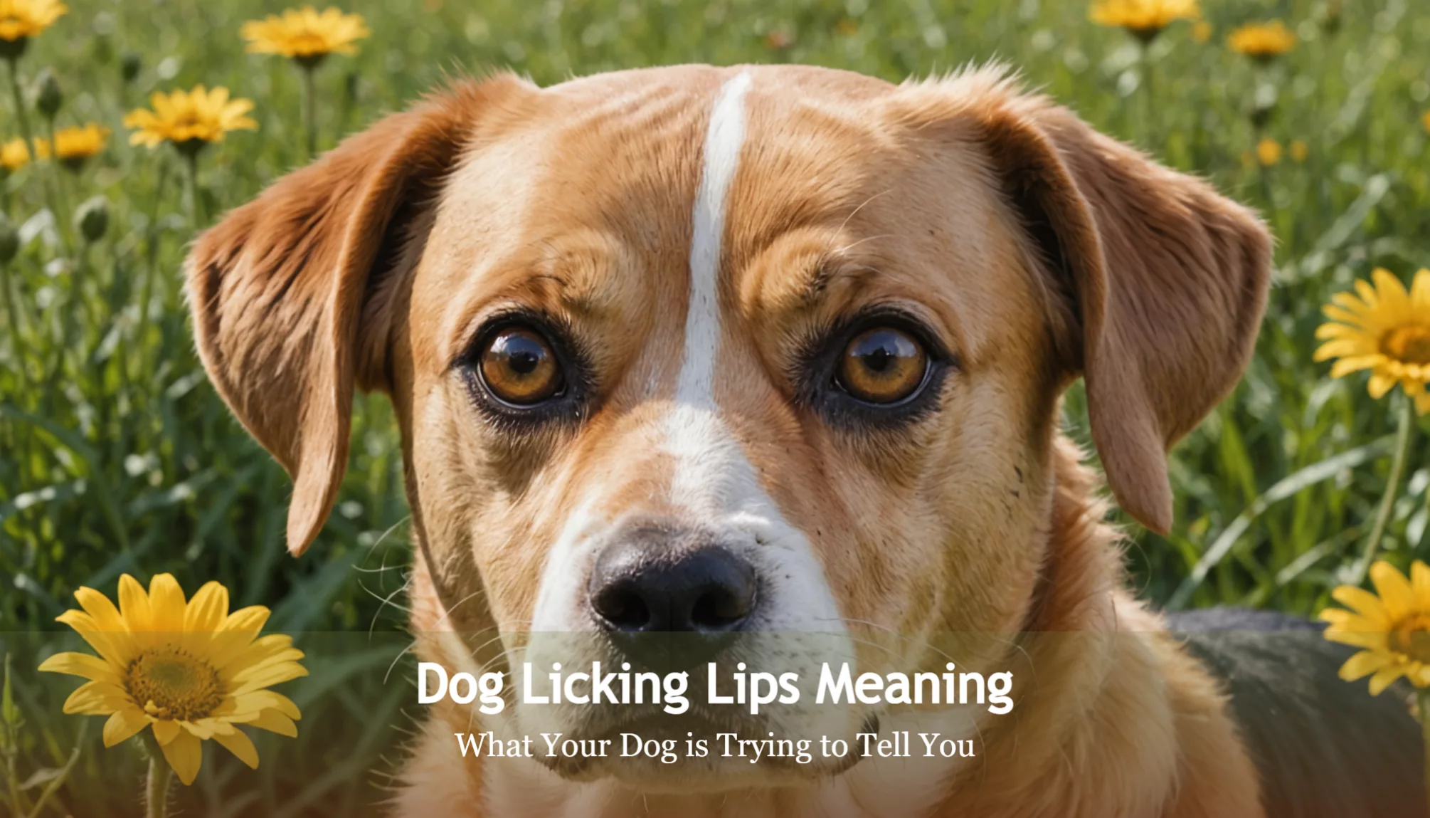 In a sunlit field of yellow flowers, a dog gazes at the camera, its tongue playfully darting out. The text overlay reads: 