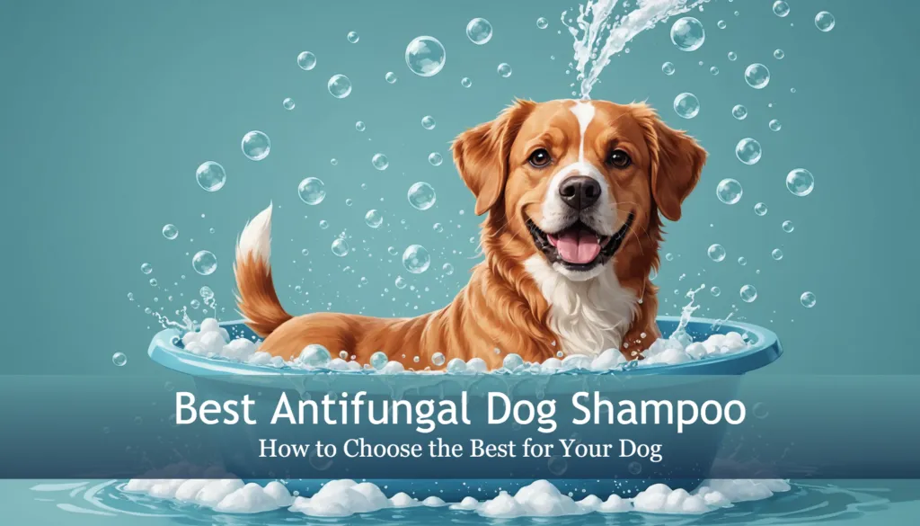 A smiling dog in a blue bathtub surrounded by bubbles, with text overlay reading