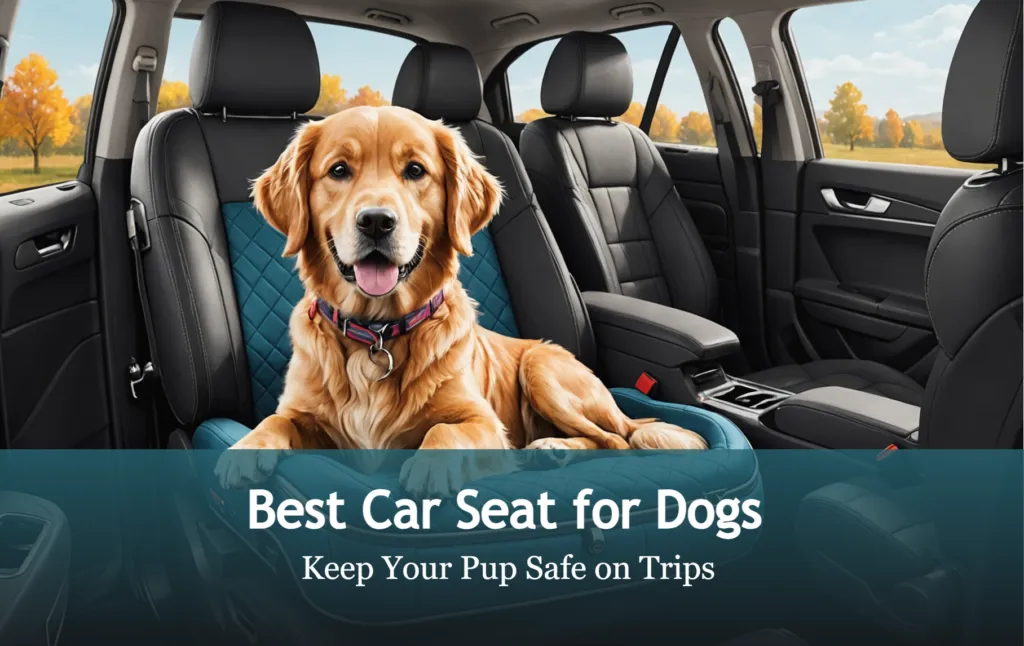 Golden retriever sitting in a dog car seat inside a vehicle. Text overlay reads,
