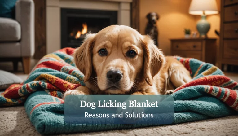 A golden retriever lounges on a vibrant blanket in a cozy room adorned with furniture and a warm fireplace. Text overlay reads: "Why Your Dog is Licking the Blanket: Causes and Solutions.