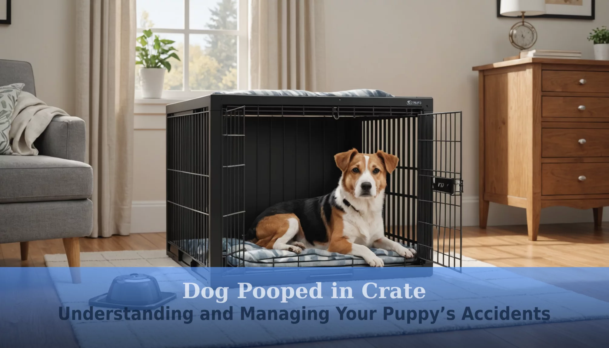 A dog rests peacefully in an open crate on a cushion. Overlaid text reads, 