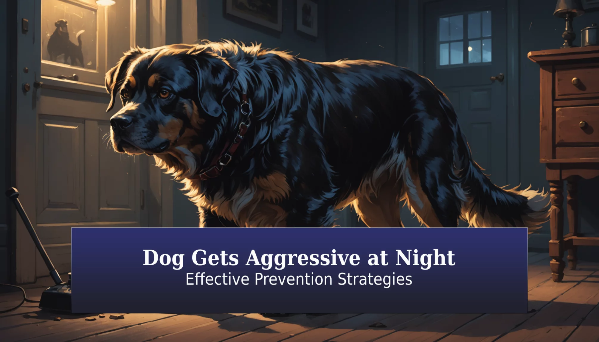 A large dog stands indoors at night, looking tense under a nearby lamp. Through the window, a cat is visible. Text reads: 