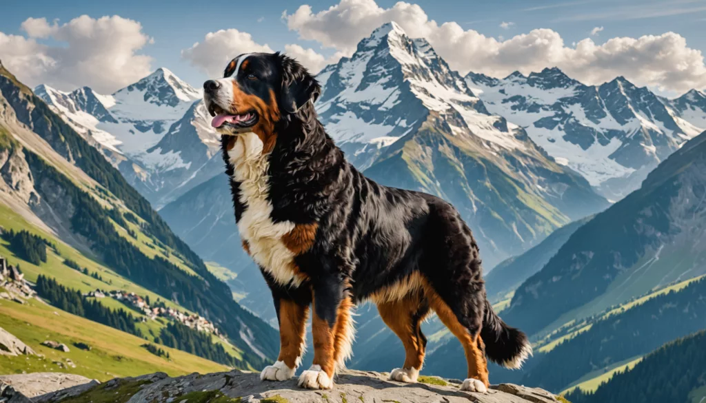 A Bernese Mountain Dog, known for its strong bite force, stands majestically on a rocky outcrop against the backdrop of snow-capped mountains and a serene valley.