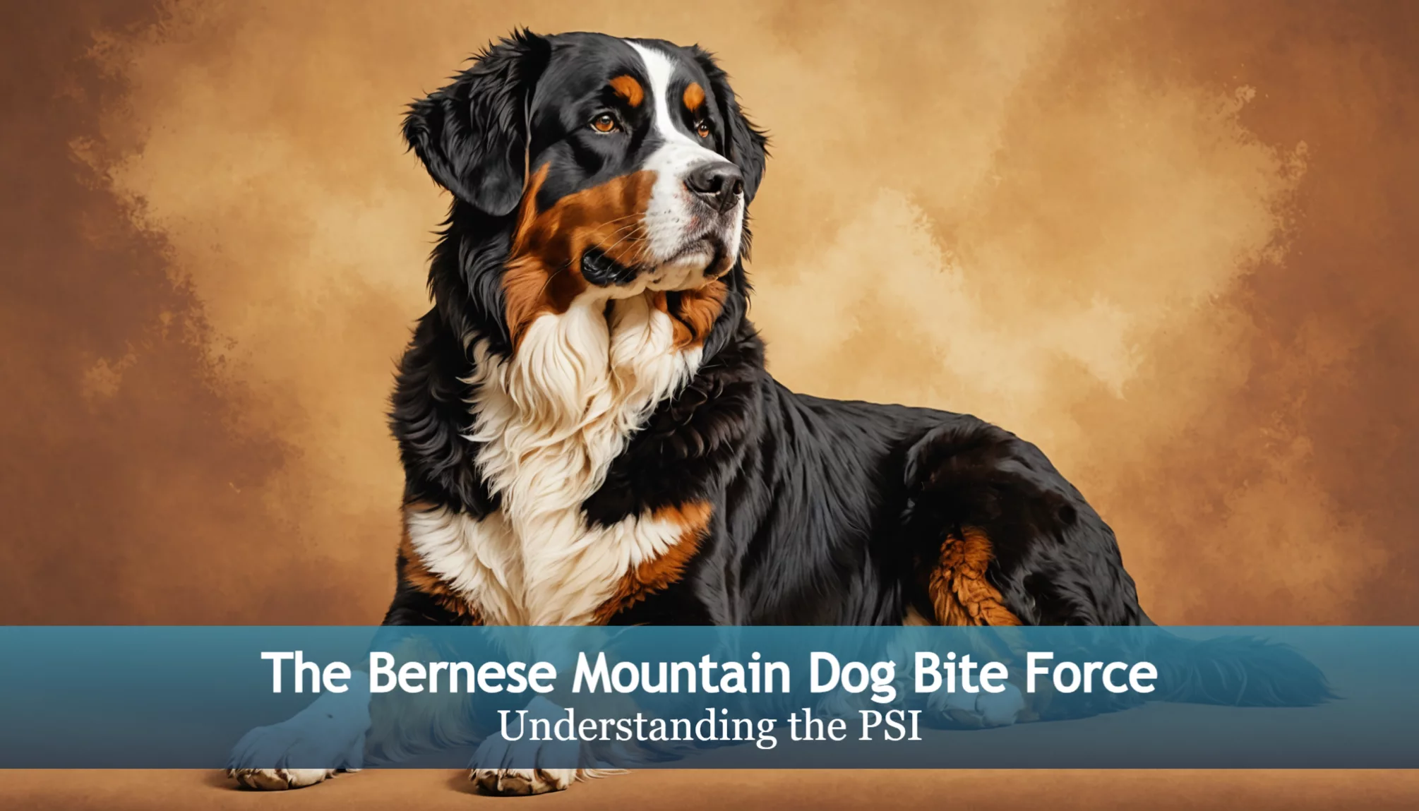 A Bernese Mountain Dog rests serenely on a brown gradient backdrop, with the text 