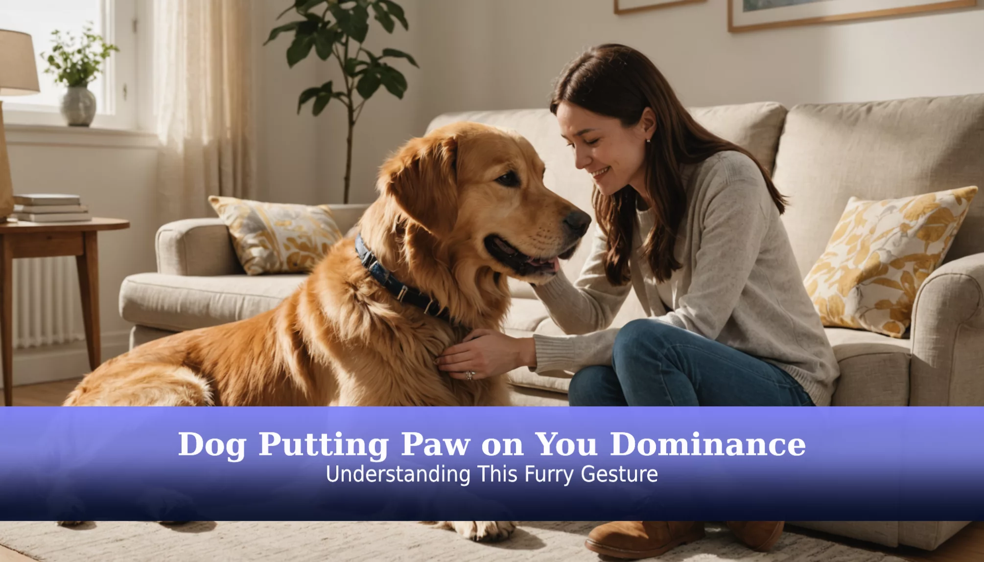 A woman sitting on a sofa smiles at a large dog placing a paw on her knee. Text overlay reads: 