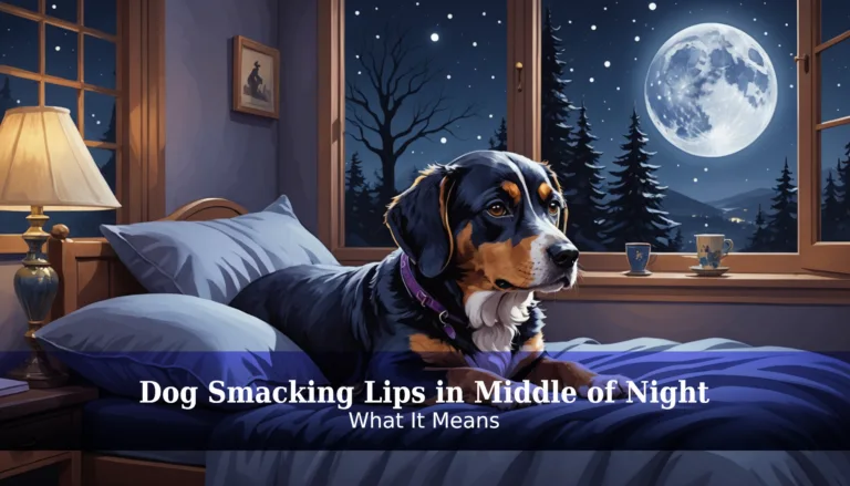 A dog lies on a bed at night, smacking its lips while looking out a window. The moon shines outside, illuminating a scene with pine trees. Text reads, 