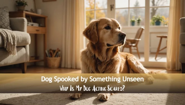 A golden retriever sits alert in a sunlit living room, its eyes wide and ears perked. The text on the image reads, 