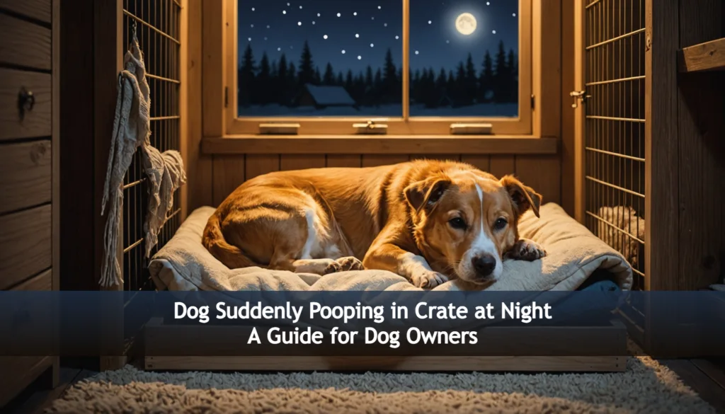 Dog lying in a cozy crate with a blanket, surrounded by wooden walls. A window reveals a nighttime scene with a full moon and pine trees. Text overlay discusses a guide for dog owners on what to do if your dog suddenly poops in its crate at night.