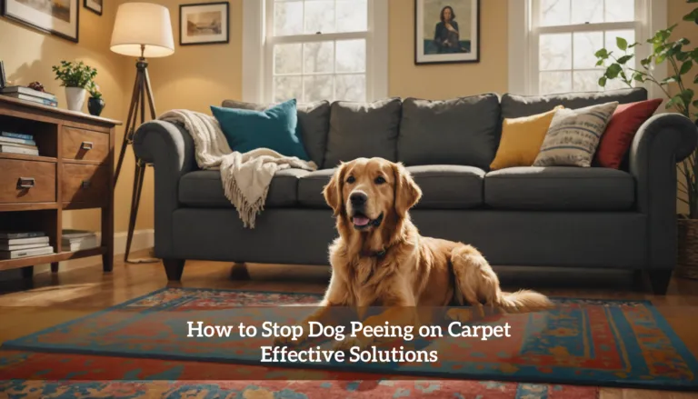 A golden retriever sits on a rug in a cozy living room, surrounded by a sofa, cushions, and a lamp. Curious about