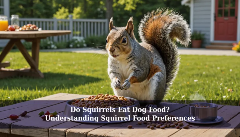 A curious squirrel is feasting on dog food from a bowl perched on a table in the backyard, with the house and trees offering a serene backdrop. Who knew do squirrels eat dog food?.